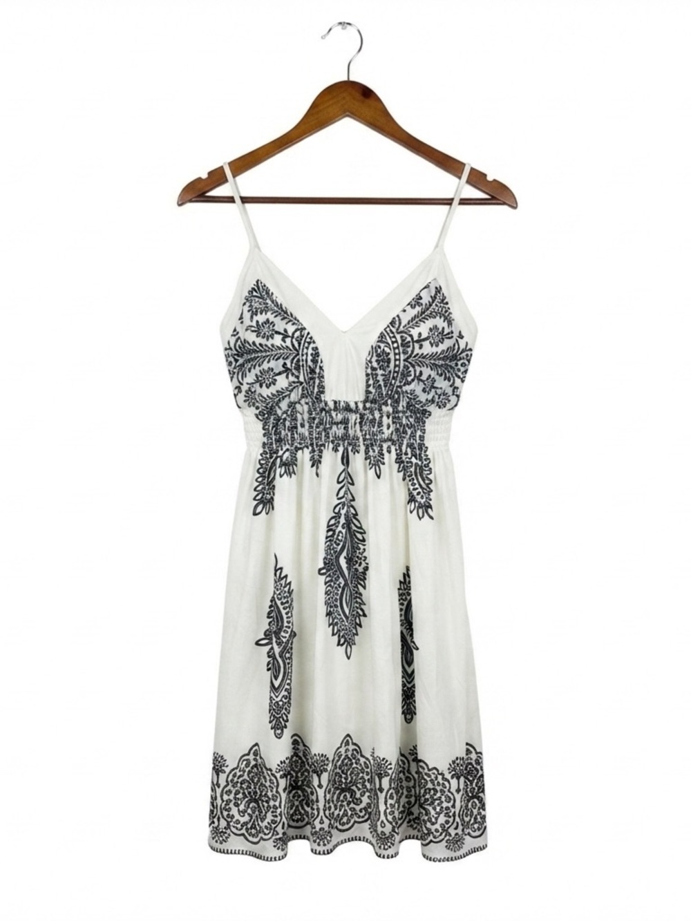 Boho Paisley Smocked Empire Waist MIDI Dress Black & White Size